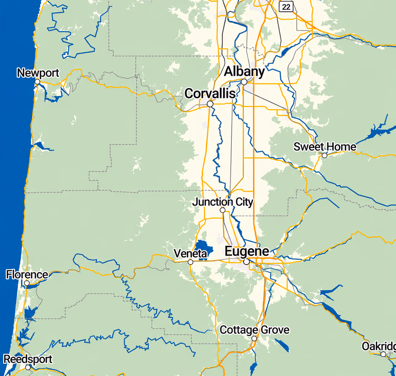 A&E service area map of Junction City and the Willamette Valley